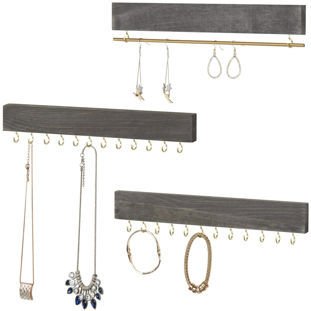 [Australia] - MyGift Vintage Gray Wood 3-Piece Wall-Mounted Jewelry Rack Set 