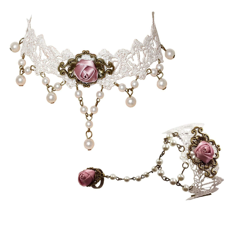 [Australia] - Milakoo White Lace Gothic Style Tassel Flower Pendant Choker Princess Lolita Necklace Bracelet Set 