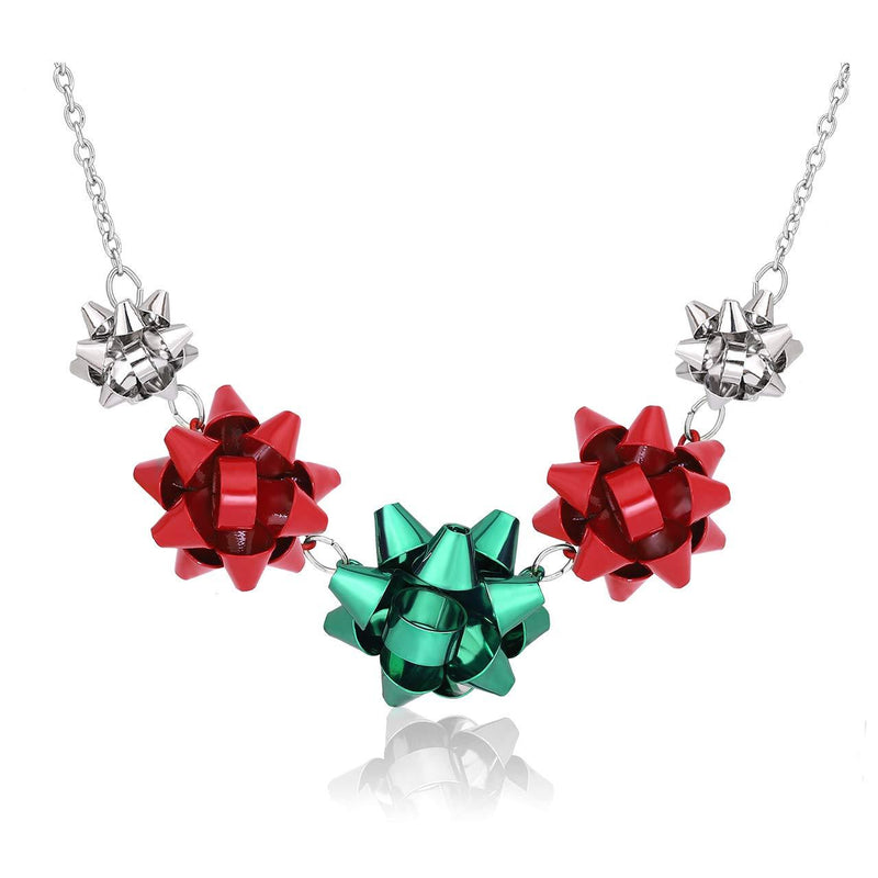 [Australia] - VOGUEKNOCK Gift Bow Necklace Christmas Bow Collar Necklace Xmas Jewelry Gift Red Green Bows Silver 