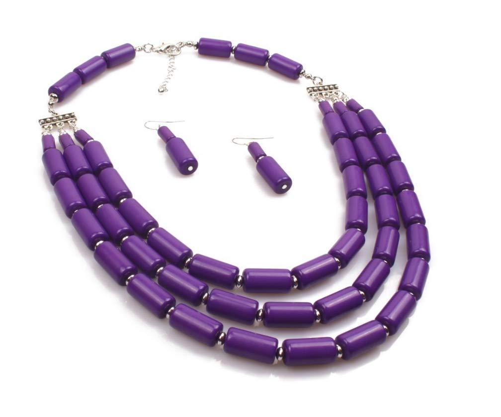 [Australia] - Korway Multiple Layers 20" Beaded Strands Necklace 8" Bracelet & Drop Earrings 6630 Purple 