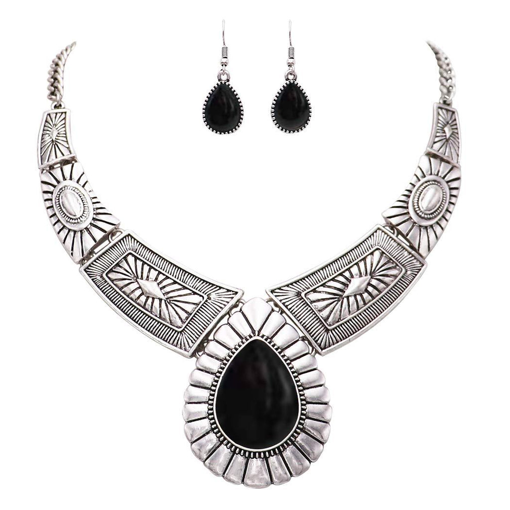 [Australia] - Rosemarie Collections Women’s Southwest Teardrop Howlite Stone Statement Necklace Earrings Set Black 