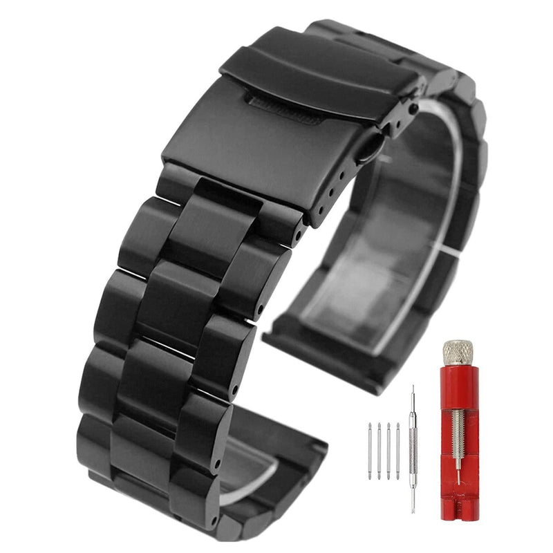 [Australia] - Silver/Black Stainless Steel Watch Bands Brushed Finish Watch Strap 18mm/20mm/22mm/24mm Double Buckle Bracelet Black 