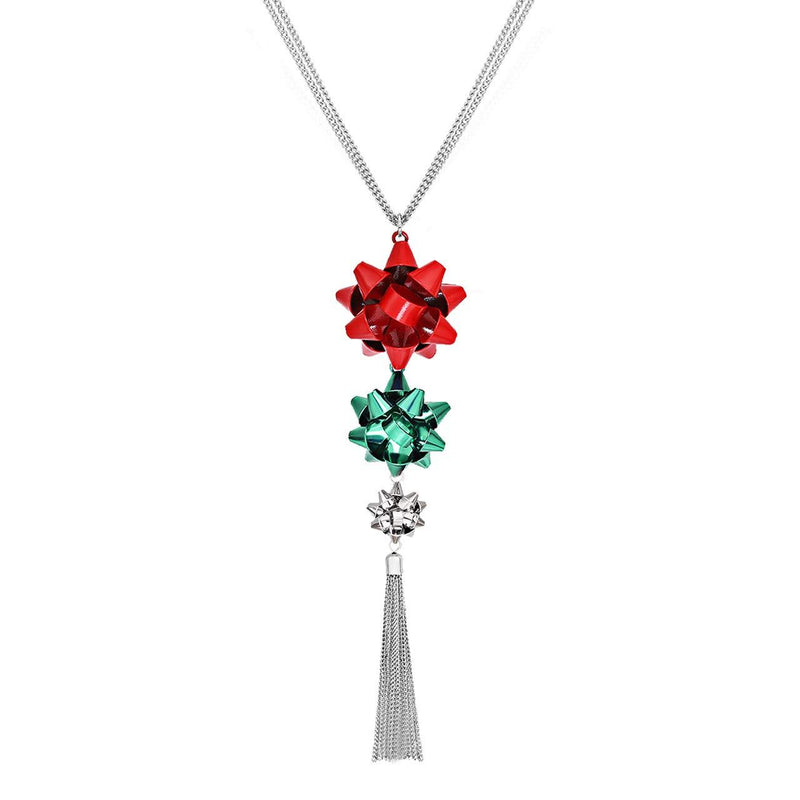 [Australia] - CEALXHENY Christmas Necklace for Women Festive Bow Pendant Necklaces Delicate Chain Tassel Necklace Long Necklace for Girls Red+Green+Silver 