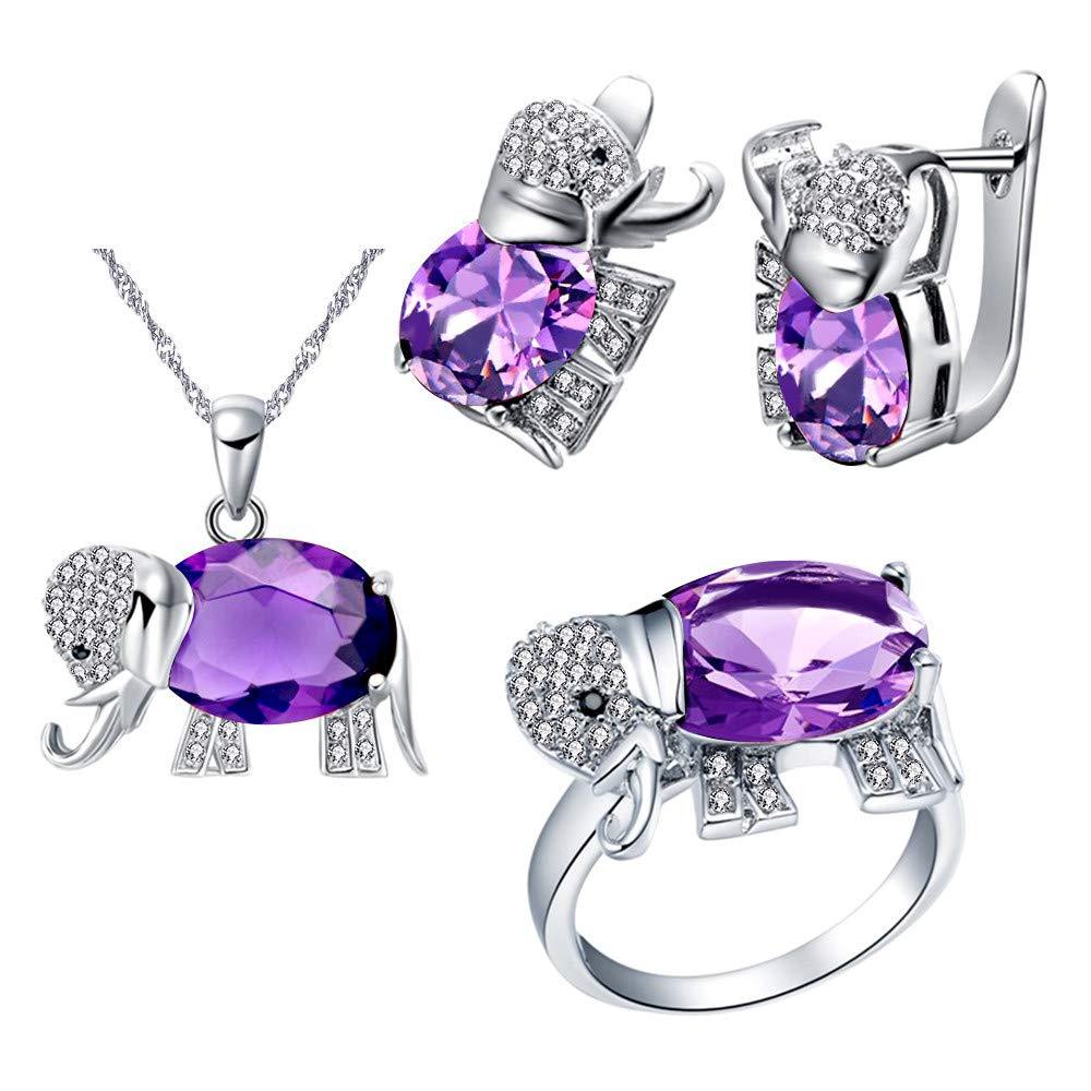 [Australia] - Uloveido Good Luck Big Elephant Shape Crystal Drop Pendant Necklace, Earrings and Rings Wedding Jewelry Set for Bridal Women Birthday Anniversary T485 Purple 8 