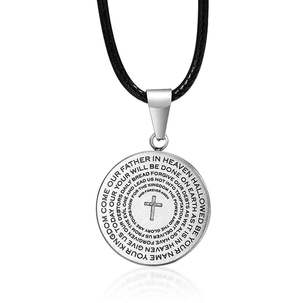 [Australia] - Rehoboth Stainless Steel Coin Medal Our Father Lord's Prayer Cross Pendant Necklace for Boys Girls Women Men Prayer Hands Coin Medal Pendant 24" Chain Black Gold Silver Silver Cross 