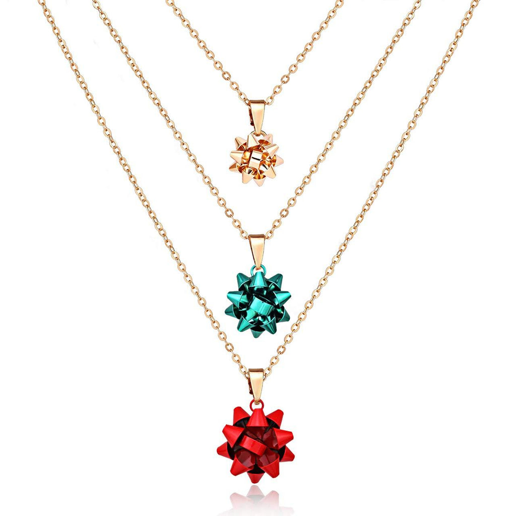 [Australia] - ALEXY 3PCS Christmas Necklaces X-Mas Gift Bow Pendant Necklaces Set Delicate Layered Chain Necklaces Party Gift for Women Girls Multicolor 