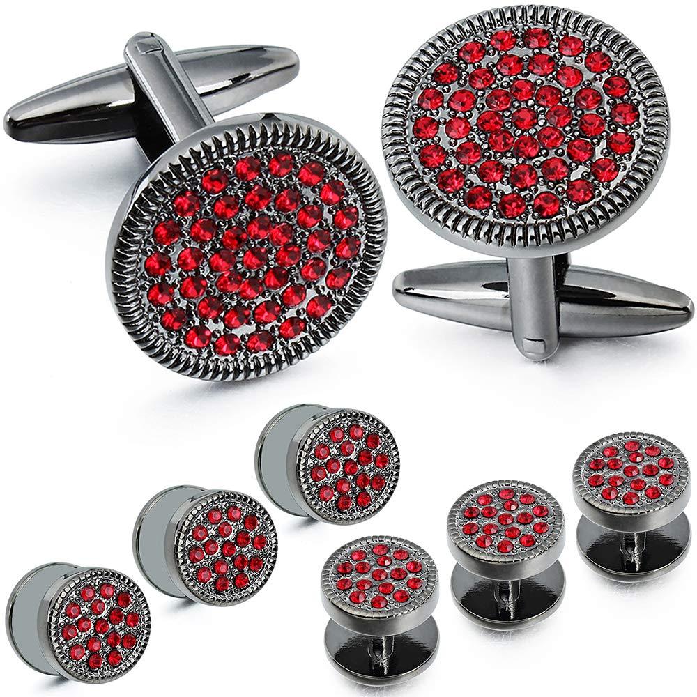 [Australia] - AMITER Cufflinks and Tuxedo Shirt Studs Set for Men Silver/Rose Gold - Best Gifts for Wedding Business Gun Metal Tone - Red Crystal 