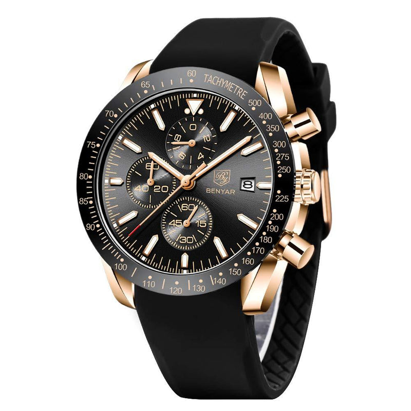 [Australia] - BENYAR - Stylish Wrist Watch for Men, Genuine Silicone Strap Watches, Perfect Quartz Movement, Waterproof and Scratch Resistant, Analog Chronograph Quartz Business Watches Black 