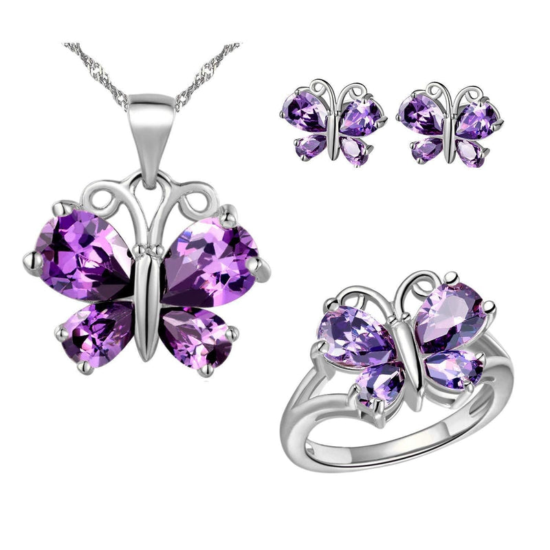 [Australia] - Uloveido Platinum Rose Gold Plated Purple White Crystal Cubic Zirconia Cute Charm Butterfly Pendant Necklace Earrings and Ring Jewelry Set for Girls Women Platinum Plated-Purple 6 