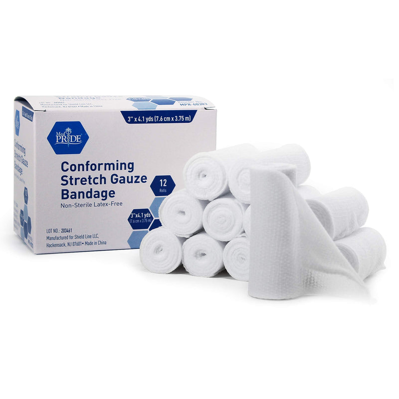 [Australia] - MED PRIDE Conforming Gauze Rolls First Aid Rolled Stretch Bandages for Wounds & Injuries – Disposable Nonsterile Body Wrap Dressing for The Knee, Ankle, Hands, Wrist, White (3''x 4.1 yd) 3" X 4.1yds 