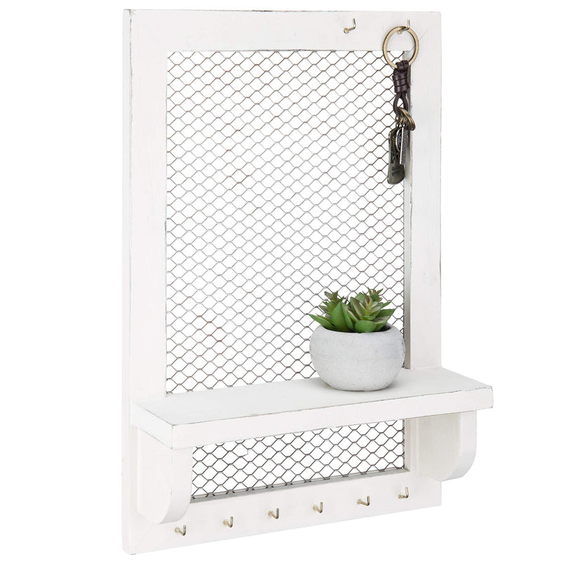 [Australia] - MyGift Wall-Mounted Vintage White Wood & Mesh Jewelry Organizer & Display Shelf 