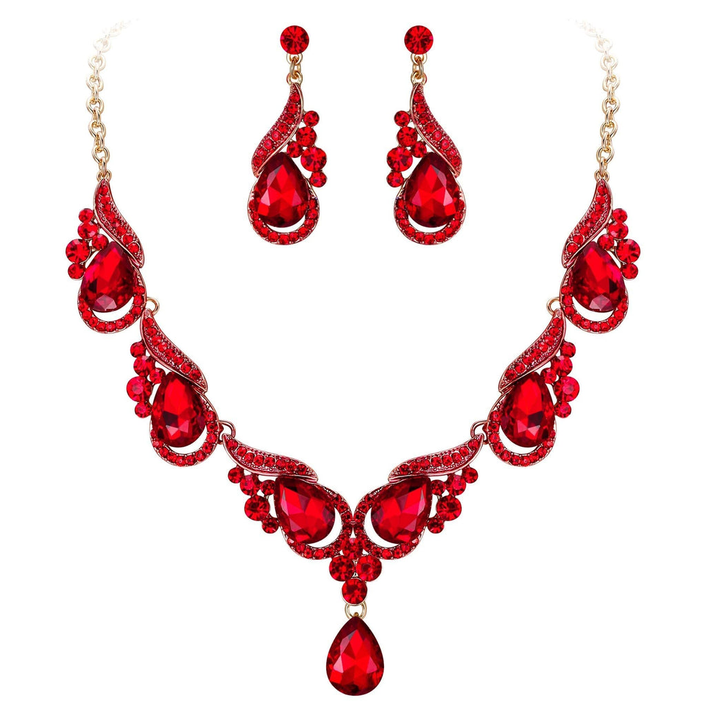 [Australia] - EVER FAITH Women's Wedding Jewelry Crystal Luxury Floral Wave Spindrift Waterdrop Necklace Earrings Set Red Gold-Tone 