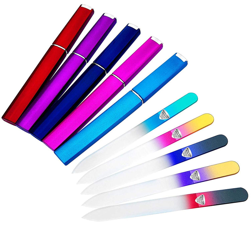 [Australia] - Glass Files for Nails, Manicure Glass Fingernail Files with Cases, Gentle Precision Filing, Leaves Nails Smooth - 5-Piece Bona Fide Beauty Premium Czech Glass Files Aqua Green 