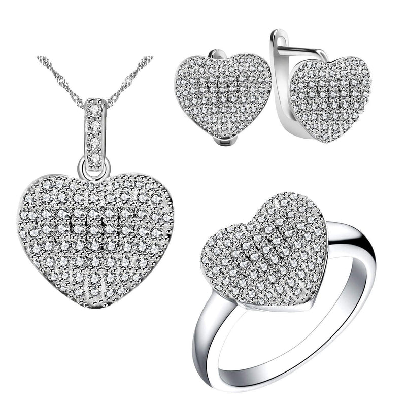 [Australia] - Uloveido Fashion Pave AAA Cubic Zirconia Love Heart Shape Pendant Necklace Clip On Earrings and Ring Wedding Jewelry Sets for Women T004 white 8 