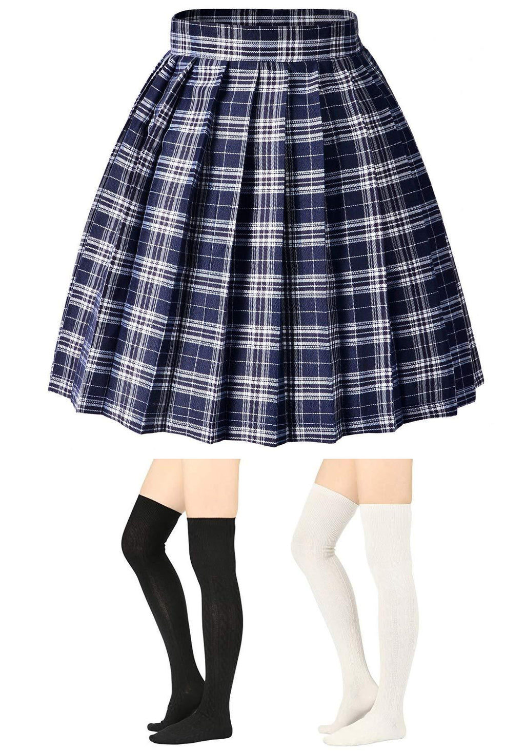 [Australia] - Elibelle Women's Japan High Waisted Tartan Pleated Dance Cosplay Costumes Skirt with Socks X-Small Black White Checks 