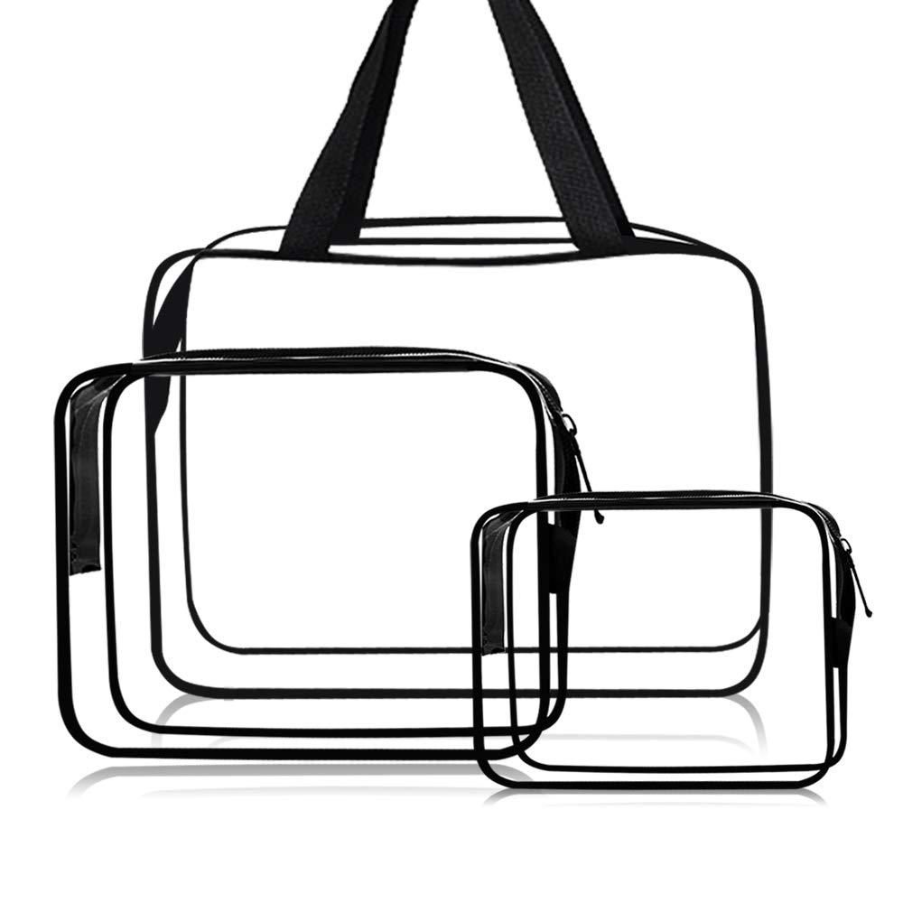 [Australia] - Cosmetic Bag 3 Pack Clear Travel Toiletry Bag Set with Zipper Make-up Pouch Handle Straps | Waterproof Packing Organizer Storage Diaper Pencil Bags (Black) Black 