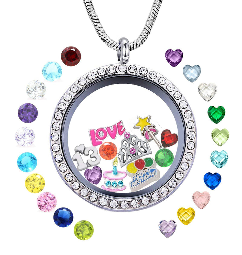 [Australia] - Birthday Gifts for Girl Her, Floating Living Memory Locket Necklace Pendant with Charms & Birthstones for 8th 9th 10th 11th 12th 13th 14th 15th Sweet 16 18th 21st 30th 