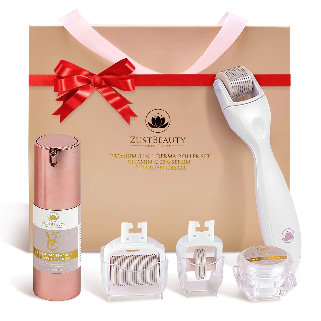 [Australia] - ZUSTBEAUTY | ALL IN 1| Derma Roller Kit With Vitamin C 25% Serum & Collagen Cream | For Face, Body, Beard, Hair, Stomach, Lip |0.3MM Titanium Microneedle Heads 180 for Eyes 600 for Face 1200 for Body 