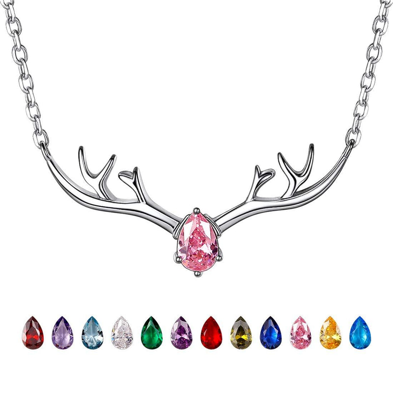 [Australia] - Antler Necklace 925 Sterling Silver Reindeer Animal Horn Jewelry Minimalist Style Clavicle Chain with Personalized Birthstone Charm Deer Antler Charm Necklaces 10.Oct. Lucky Pink 