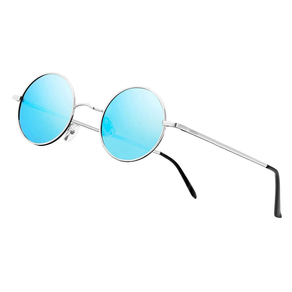 [Australia] - NIEEPA John Lennon Vintage Round Polarized Hippie Sunglasses Small Circle Sun Glasses Blue Lens/Silverframe 45 Millimeters 