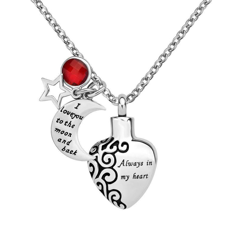 [Australia] - LoEnMe Jewelry Urn Necklace for Ash Cremation Pendant Star I Love You to The Moon and Back Always in My Heart January Dark Red Moon Star 