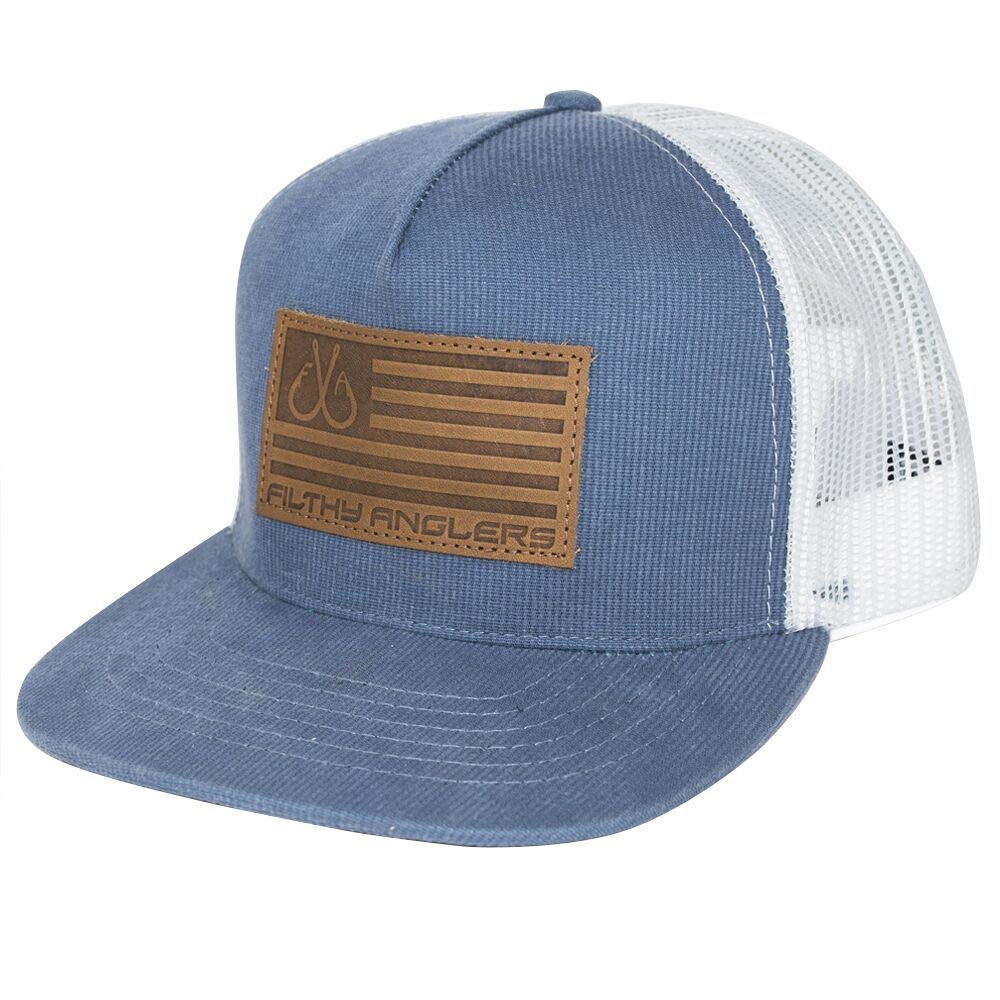 Filthy Anglers Snap Back Leather Patch Flag Fishing Hat for Men & Women  Blue