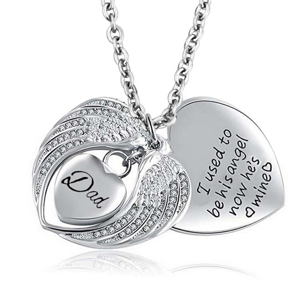 [Australia] - LoEnMe Jewelry Urn Necklace for Ash Cremation Pendant Angel Wing Love Heart Crystal for Dad Mom Grandma Family Dad with Crystal Wing 