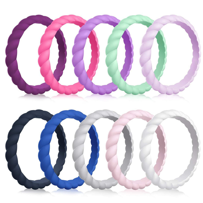 [Australia] - MOKANI Silicone Wedding Ring for Women, 10-Pack Thin and Braided Rubber Band, Fashion, Colorful, Comfortable fit, Skin Safe, Size 4 