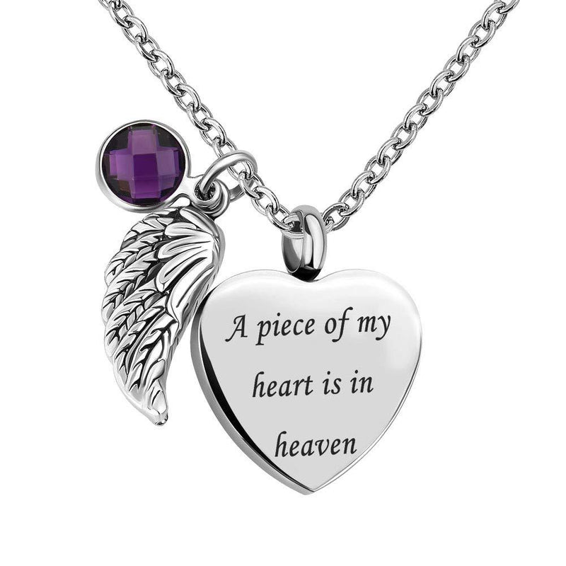 [Australia] - LoEnMe Jewelry Urn Necklace for Ashes Cremation Pendant Love Heart Birthstone Vintage Wing Engraved Keepsake February Birthstone Dark Purple 