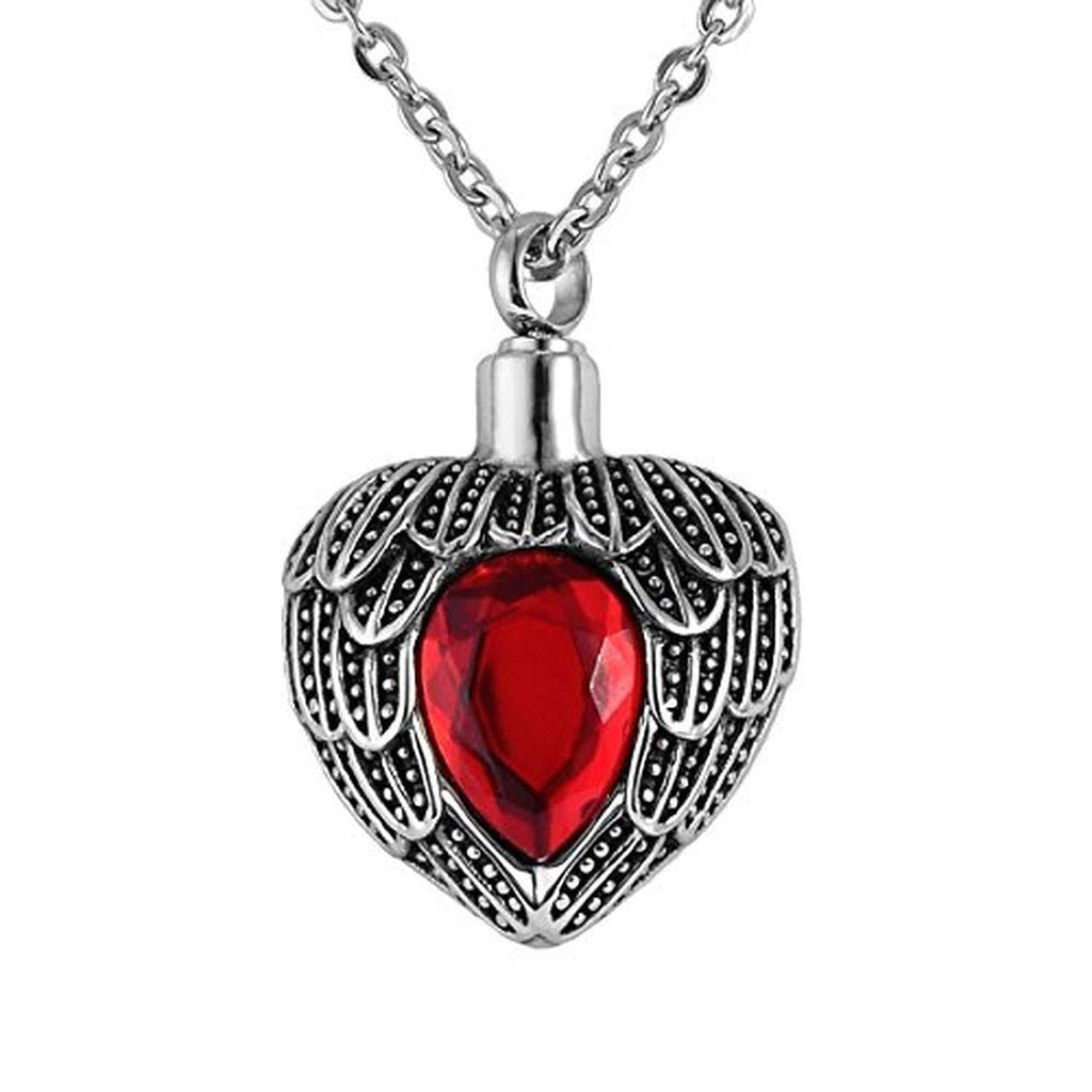 [Australia] - LoEnMe Jewelry Urn Necklace for Ash Cremation Pendant Love Heart Vintage Angel Wing Birthstone for Family January Garnet Red Teardrop Crystal 