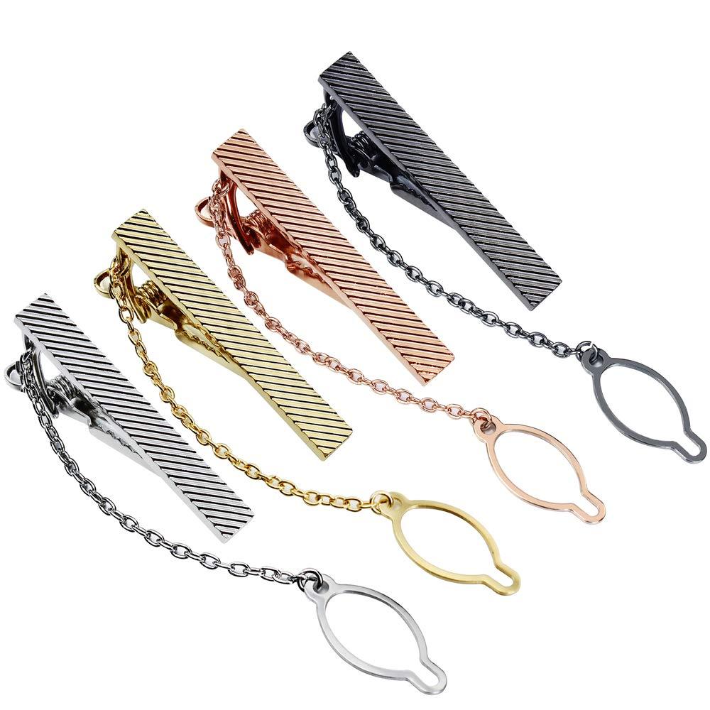 [Australia] - AMITER 4-Color Tie Clips Set with Chain for Men 1.5 Inch Slim Necktie Packed in Gift Box 2059 