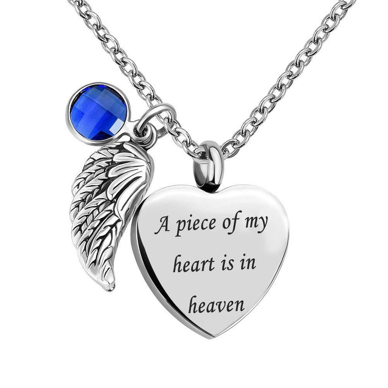[Australia] - CLY Jewelry Urn Necklace for Ashes Heart Pendant with Crystal Angel Wings Birthstone Engraved Cremation Jewelry Memorial Keepsake September Wings 