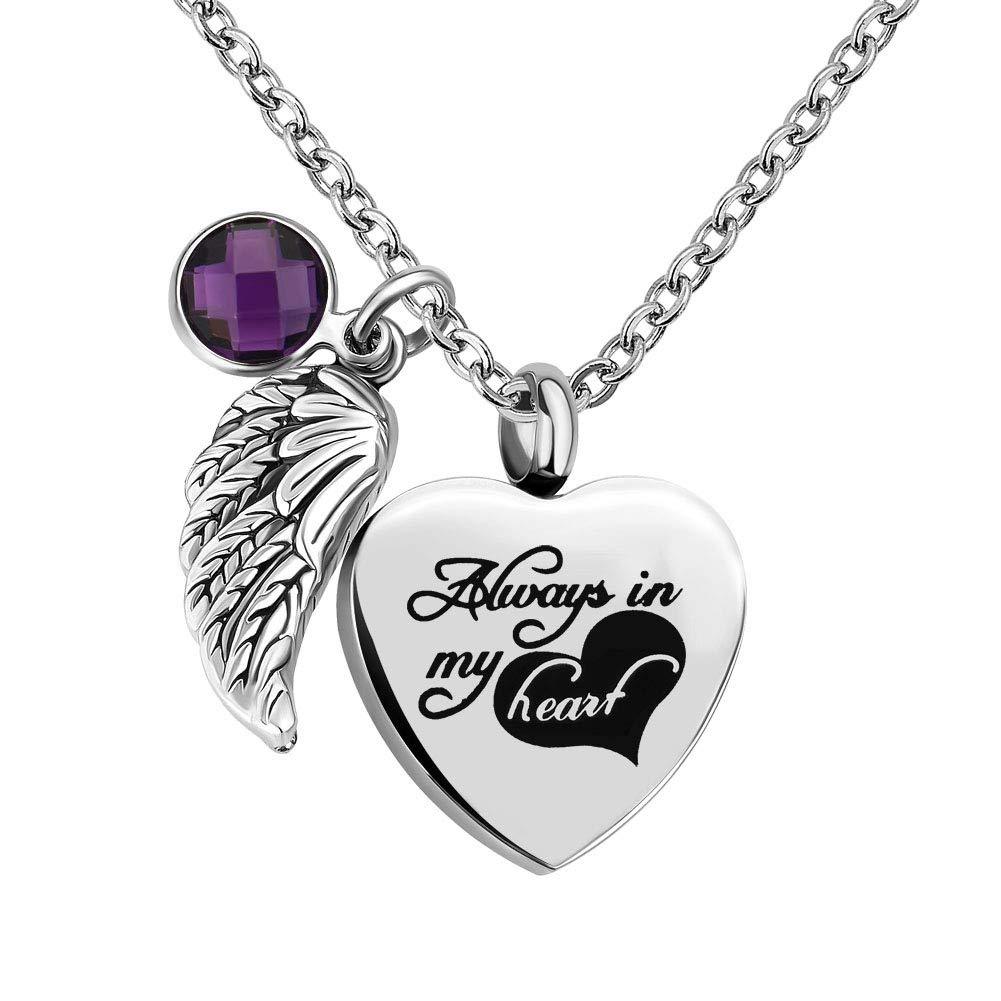 [Australia] - LoEnMe Jewelry Urn Necklace for Ash Cremation Pendant Birthstone Love Crystal with Angel Wing for Mother's Day February Wing with Purple Crystal 