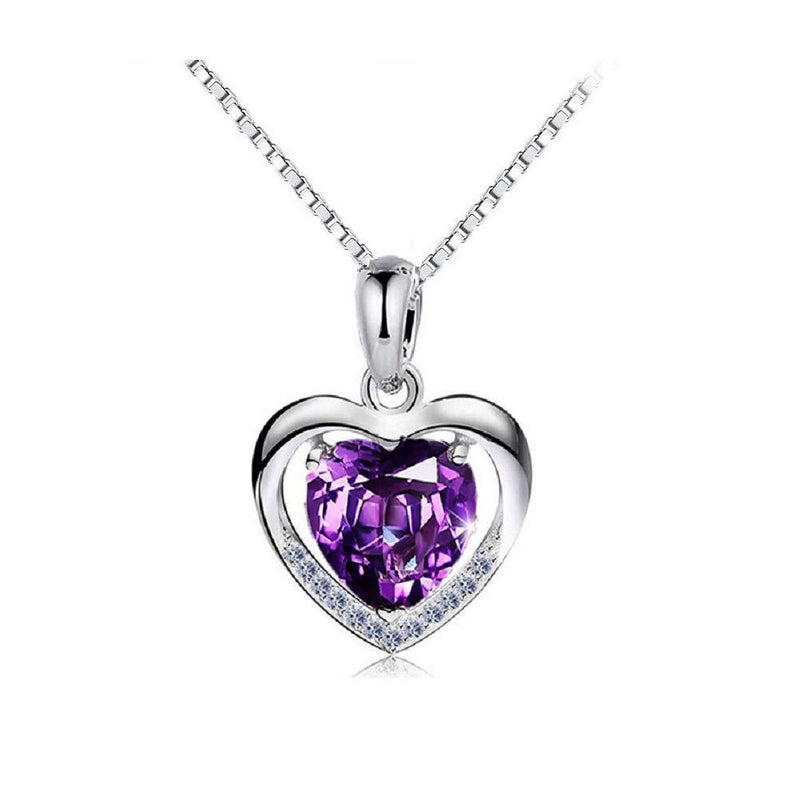 [Australia] - Lam Sence Sterling Silver 8mm Heart Shape Crystal with Cubic Zirconia Pendant Necklace Purple 