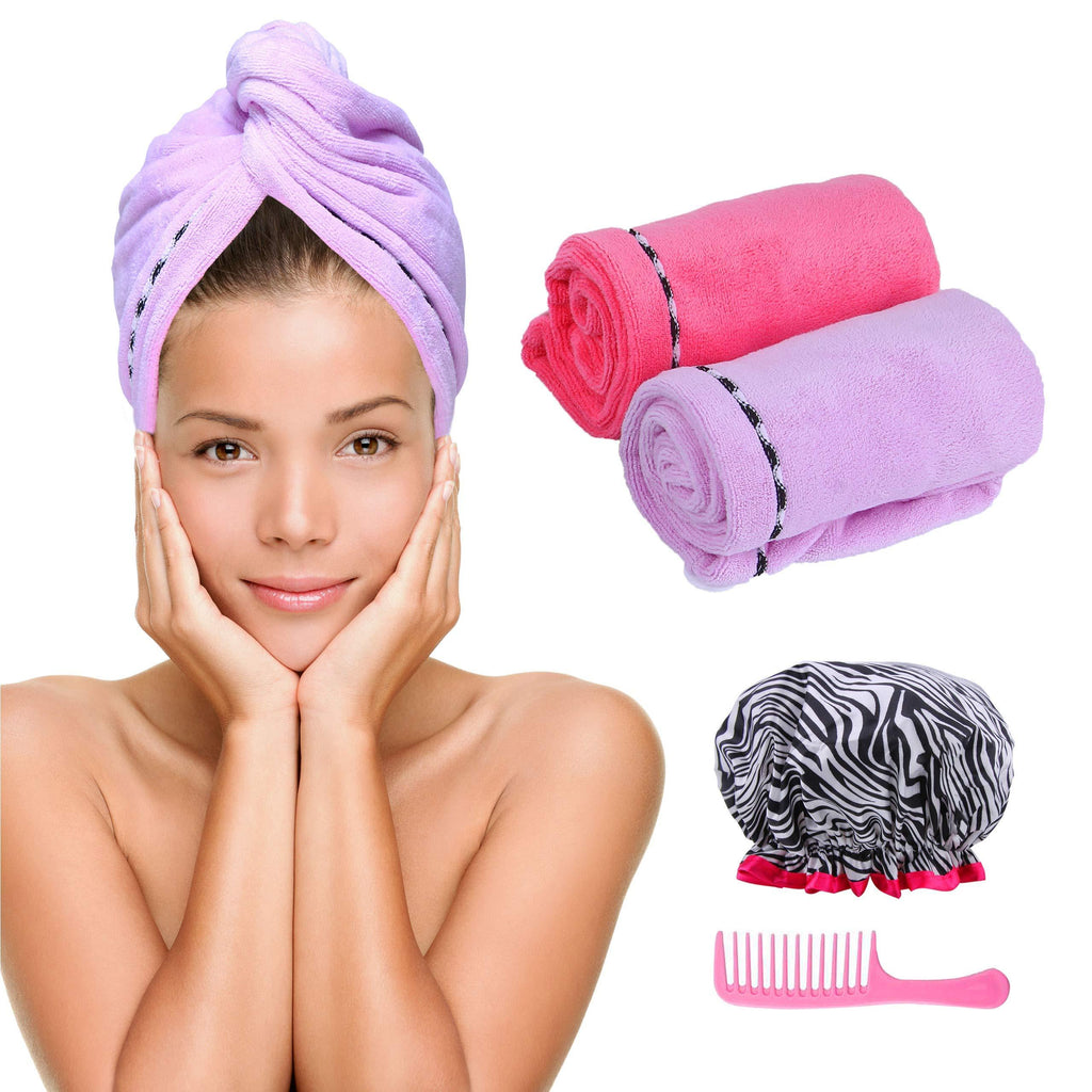 [Australia] - Microfiber Hair Towel Turban Wrap – 2 Pc Head Wraps for Women Bundled with Shower Cap and Comb for Women Anti-Frizz Absorbent Twist Drying Shower Towel Hat Works Like Magic Quick Dry 
