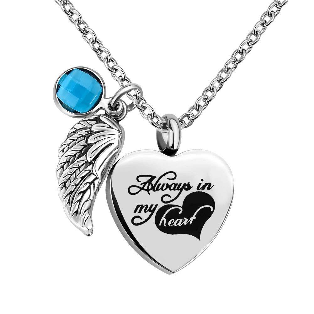 [Australia] - CLY Jewelry Urn Necklace for Ashes Stainless Steel Love Heart with Angel Wings Colorful Crystal Birthstone Cremation Jewelry Memorial Necklace 2019 March Blue 