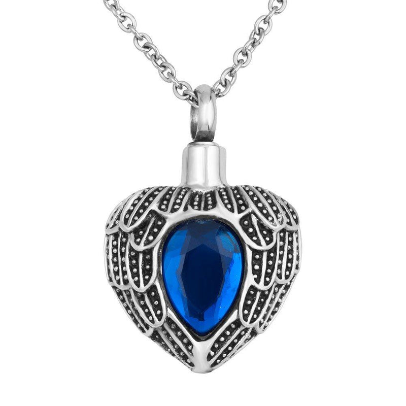 [Australia] - CLY Jewelry Urn Necklace for Ashes Love Heart with Angel Wings Colorful Crystal Birthstone Memorial Necklace You are in My Heart Cremation Jewelry Eternity Keepsake Wing And Blue 