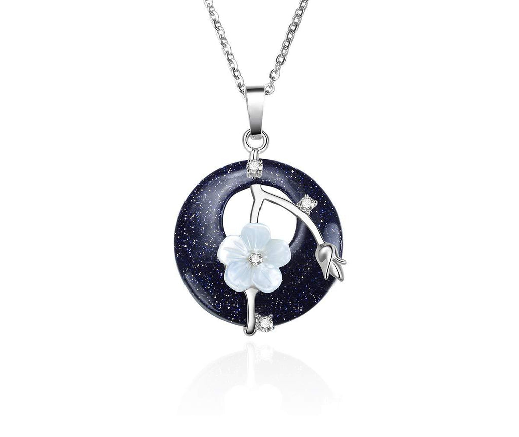 [Australia] - Injoy Jewelry Flower Wrapped Pendant Necklace Energy Healing Crystal Round Gemstone Pendant Necklace 18" Stainless Steel Chain 5) Synthetic Blue Sandstone 