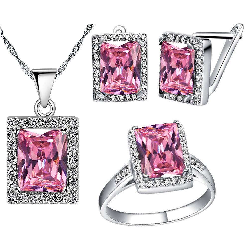 [Australia] - Uloveido Women's Fashion Created Mystic Topaz Big Emerald Cut Pendant Necklace Clip on Stud Earrings Solitaire Ring Set Rainbow Crystal Wedding Jewelry Set Gift T483 Pink 8 