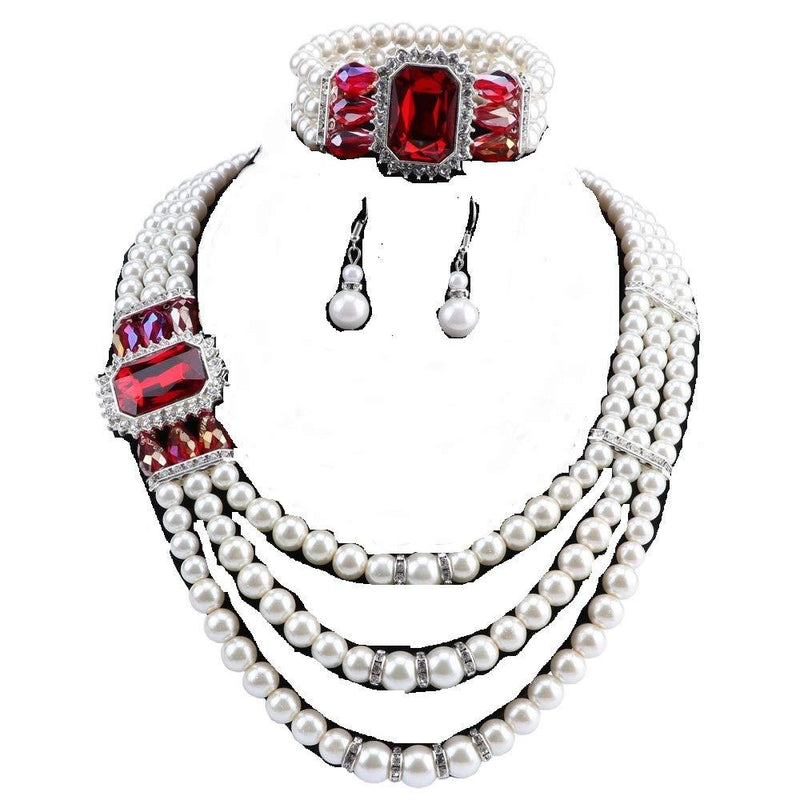 [Australia] - Women's 3 Layer Simulated Large Pearl Crystal Statement Necklace Bangle Earrings Strand Costume Jewelry Set with Gifts Boxes Red 