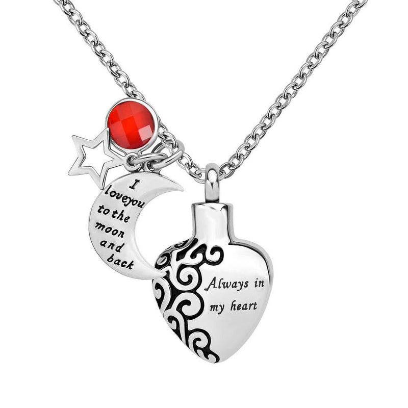 [Australia] - LoEnMe Jewelry Urn Necklace for Ash Cremation Pendant Star I Love You to The Moon and Back Always in My Heart July Ruby Red Moon Star 