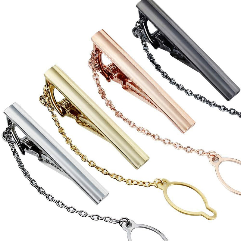 [Australia] - AMITER 4-Color Tie Clips Set with Chain for Men 1.5 Inch Slim Necktie Packed in Gift Box 2055 