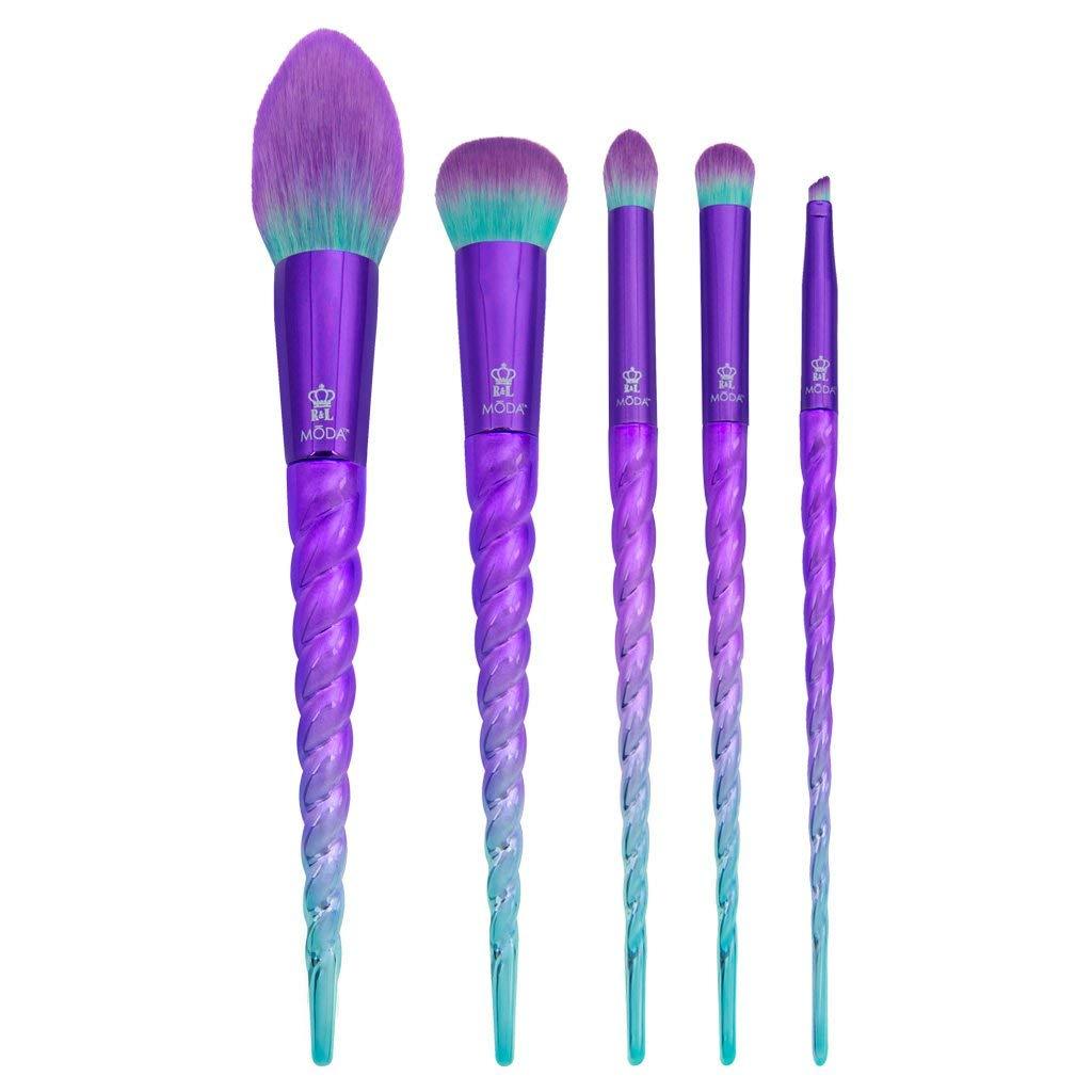 [Australia] - MODA Full Size Mythical Sky Traveler Unicorn 5pc Makeup Brush Set, Includes - Blush, Complexion, Domed Shadow, Crease, and Angle Eyeliner Brushes (Purple) Purple 