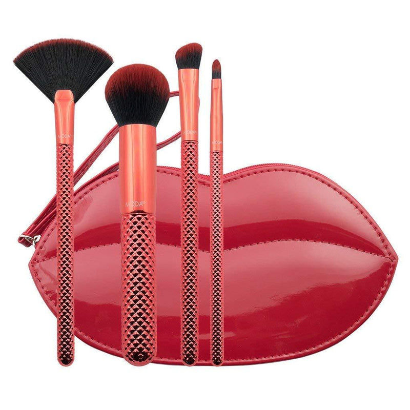[Australia] - MODA Full Size MWAH! Full Face 5pc Makeup Brush Set with Pouch, Includes - Buffer, Highlighter, Angle Shader, and Precision Lip Brushes, Red 