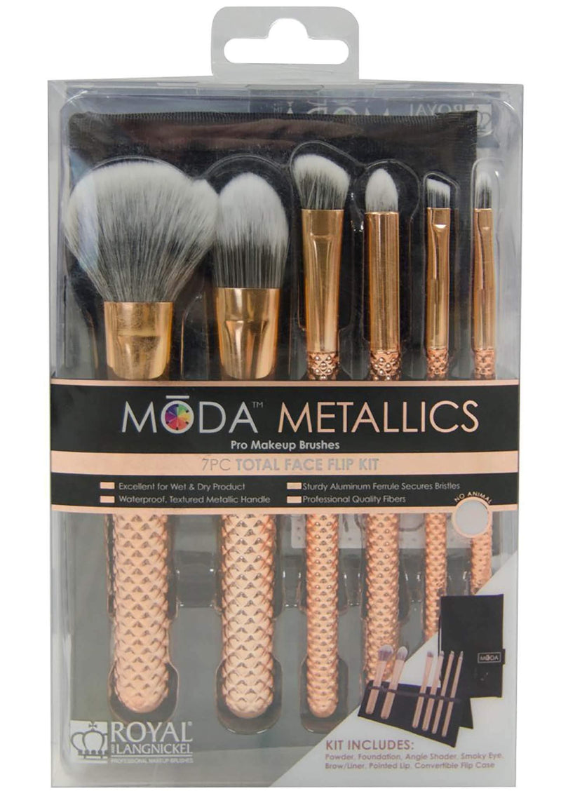 [Australia] - Royal & Langnickel MODA Travel Size Metallics Total Face Makeup Brush Set with Pouch, Includes - Powder, Foundation, Angle Shader, Smoky Eye, Brow Liner and Pointed Lip Brushes, Rose Gold 