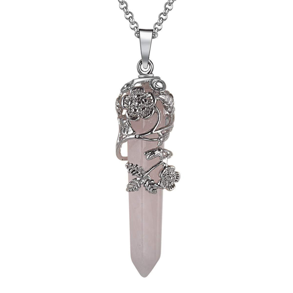 [Australia] - Injoy Jewelry Rose Flower Wrapped Energy Healing Crystal Gemstone Pendant Necklace 20" Stainless Steel Chain 1) Rose Quartz 