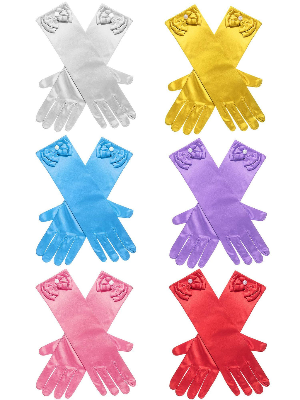 [Australia] - Zhanmai 6 Pairs Girls Satin Gloves Princess Dress Up Bows Gloves Long Formal Gloves for Party, Ages 3 to 8 Years Old Sky Blue, Red, Purple, Pink, White and Yellow 