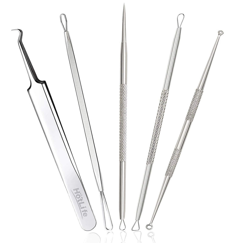 [Australia] - HotLife Professional Blackhead Remover Pimple Comedone Extractor Tools Set of 5, Best Splinter Acne Removal Kit and Skin Tools for Skin Blemishes, Whitehead, Pimples, Cysts and Zit Popper Silver 