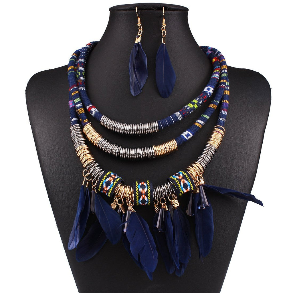 [Australia] - HENGYID African Style Necklace Multi-Layer Alloy Feather Fringed Necklace Earrings Set (Blue) BLUE 