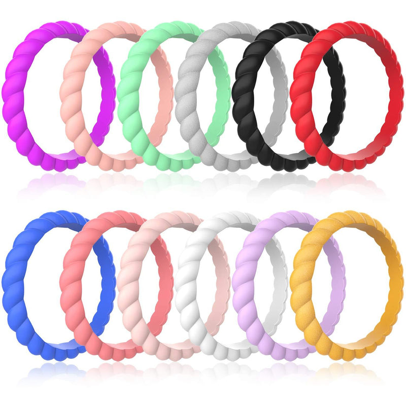 [Australia] - Zollen 12 Packs Silicone Wedding Rings for Women, Thin Braided Rubber Wedding Bands Stackable Ring, Hypoallergenic Silicone 4(15.3mm) 